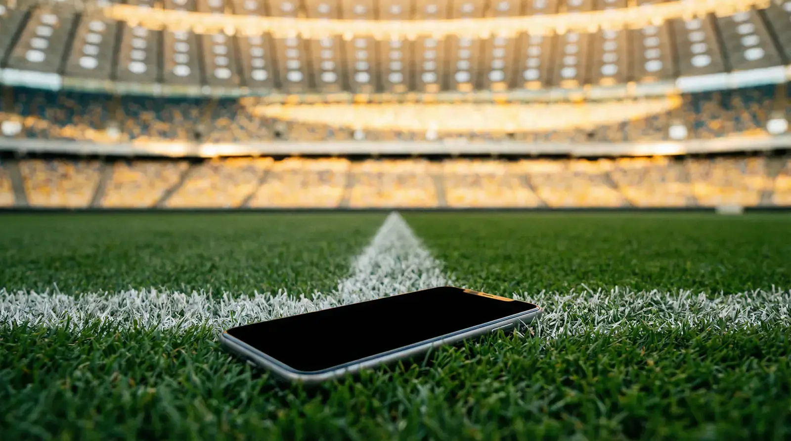 Smartphone apoiado num relvado de futebol com estádio desfocado ao fundo