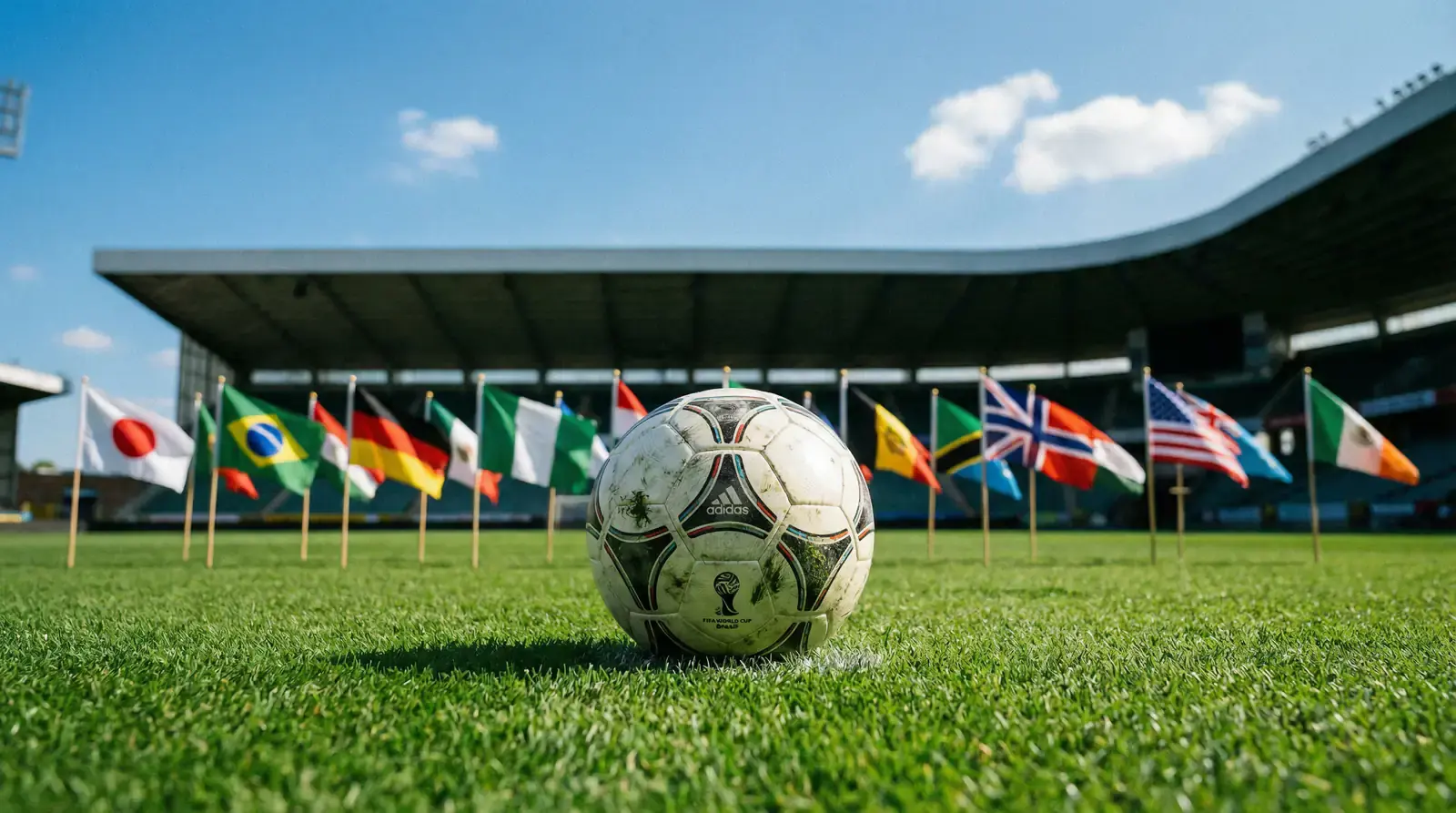 Bola de futebol oficial sobre relvado de estádio com bandeiras de várias seleções ao fundo