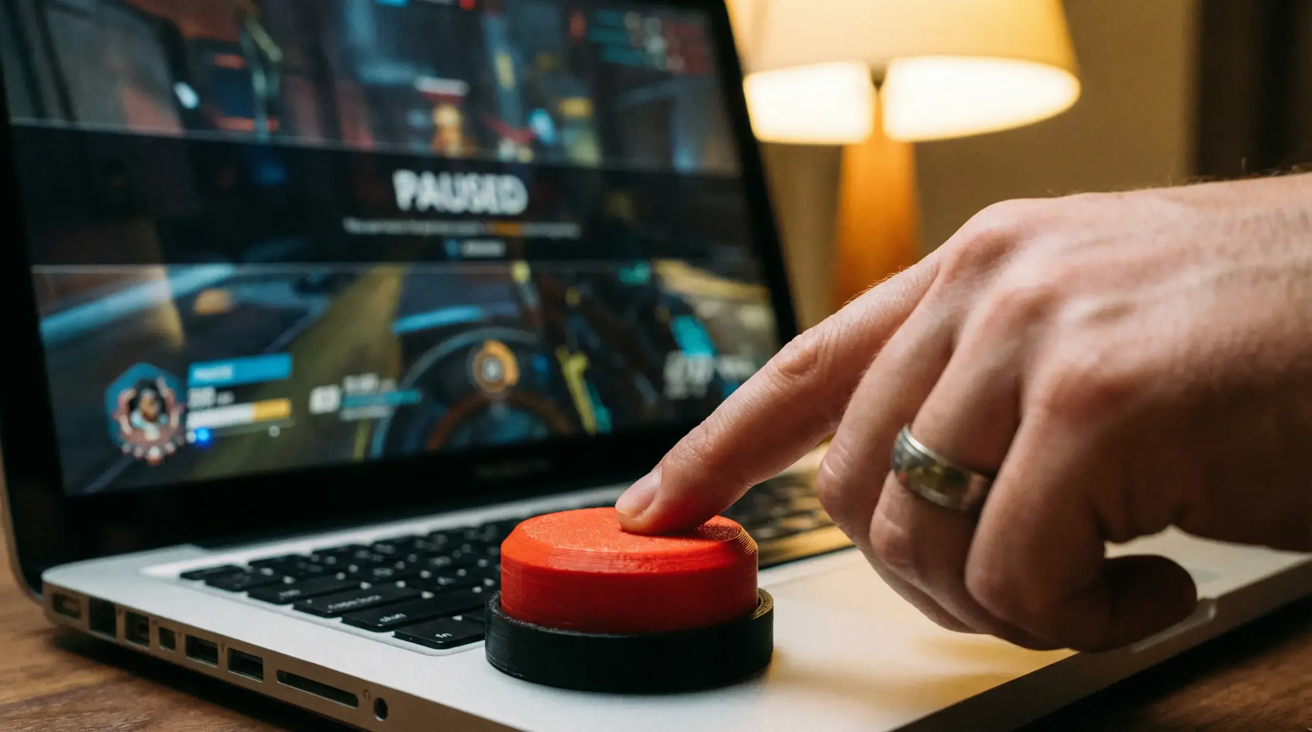 Mão a pressionar um botão de pausa num ecrã de computador com uma plataforma de jogo online
