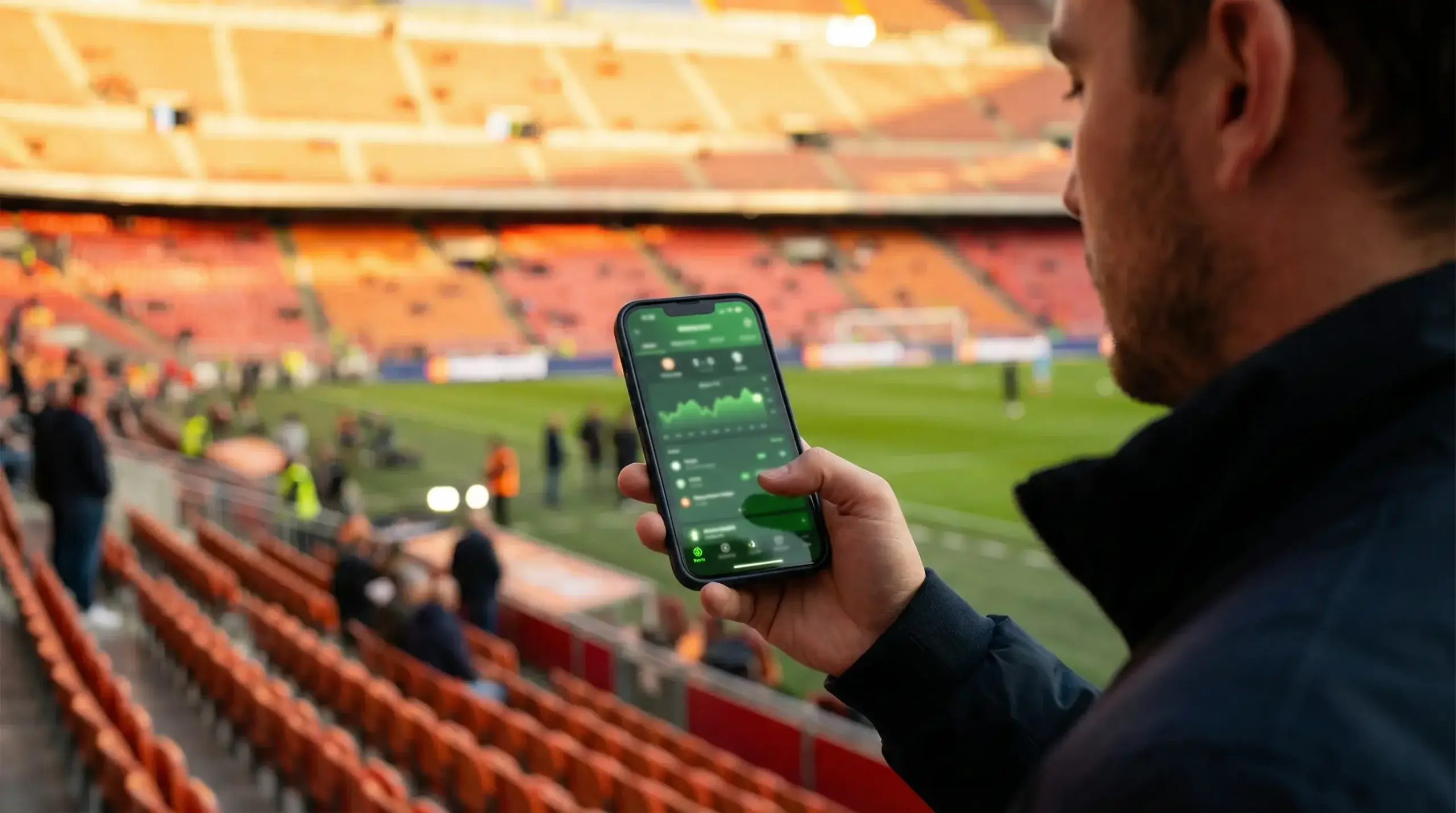 Mão a segurar smartphone com ecrã de apostas desportivas num estádio de futebol
