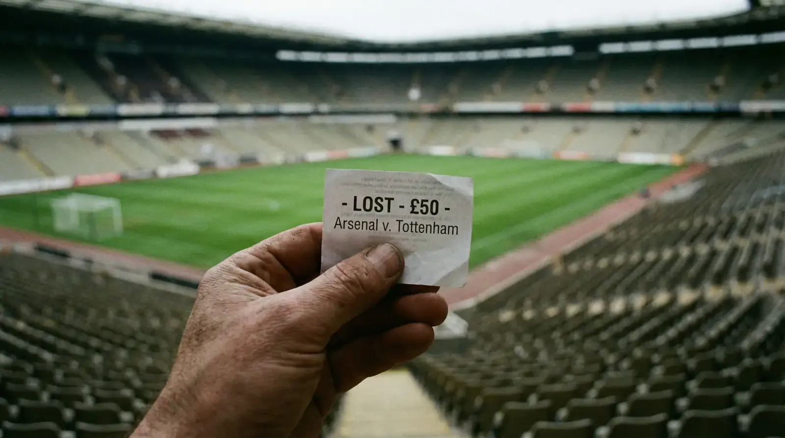 Mão a segurar um boletim de apostas amassado junto a um campo de futebol vazio