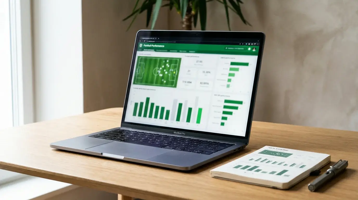 Ecrã de computador portátil com gráficos e estatísticas de futebol num ambiente de trabalho