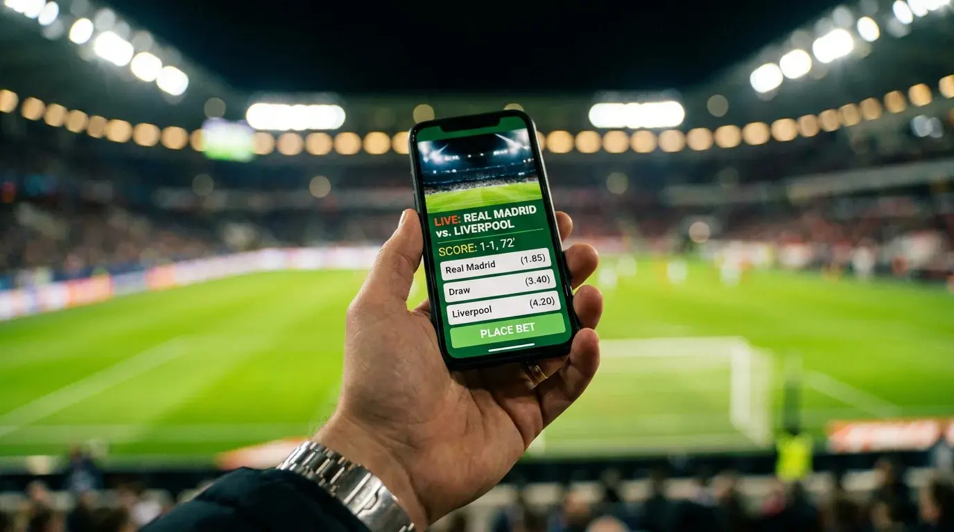 Telemóvel com ecrã de apostas ao vivo num estádio de futebol iluminado à noite