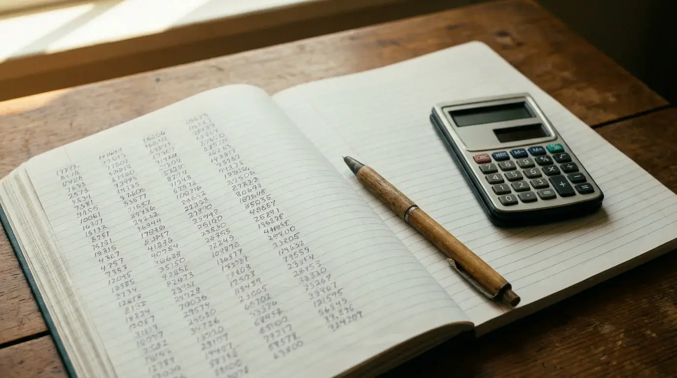 Caderno aberto com registos de apostas desportivas e uma calculadora numa secretária organizada