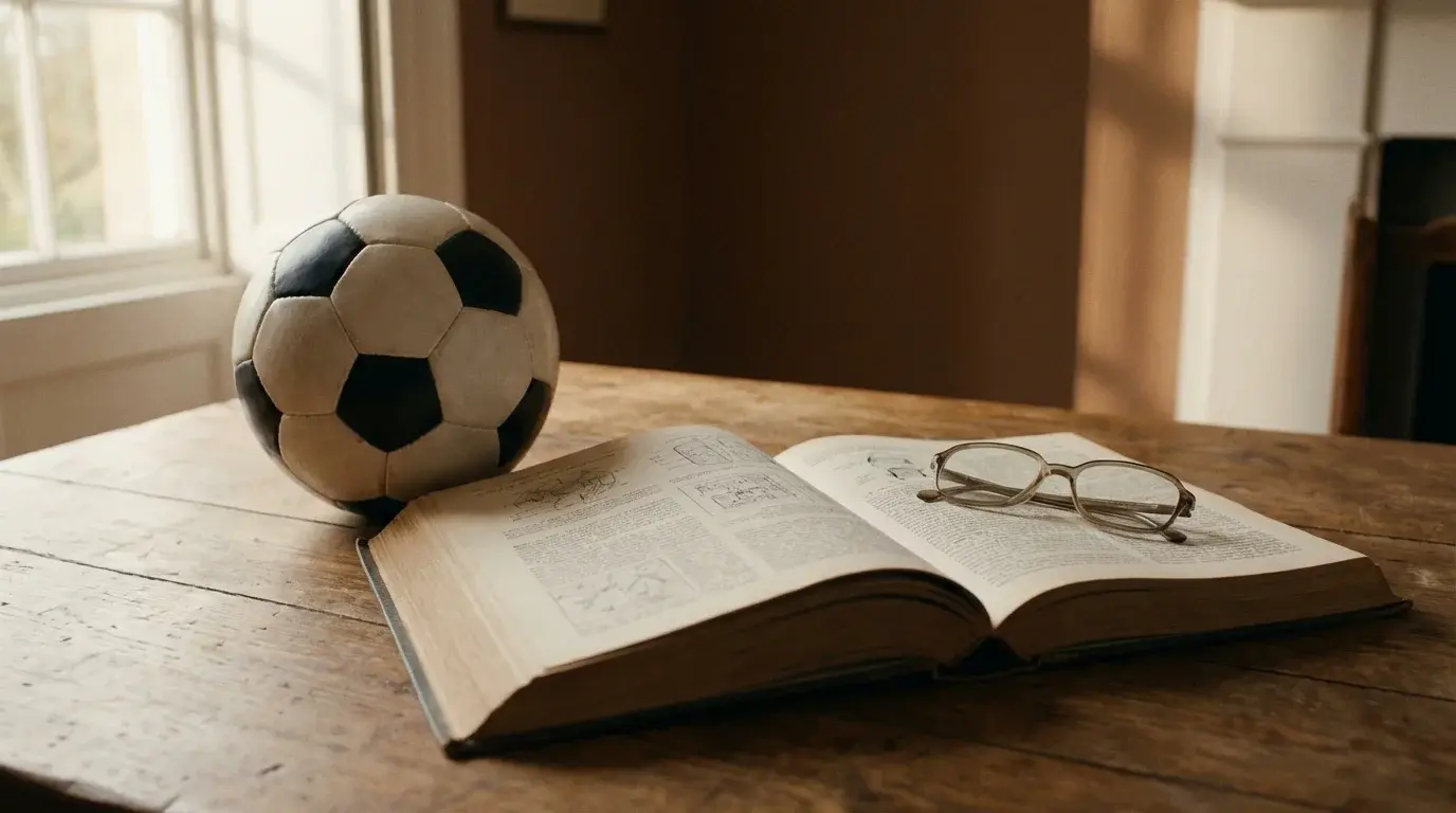 Livro aberto com terminologia de apostas sobre uma mesa junto a uma bola de futebol