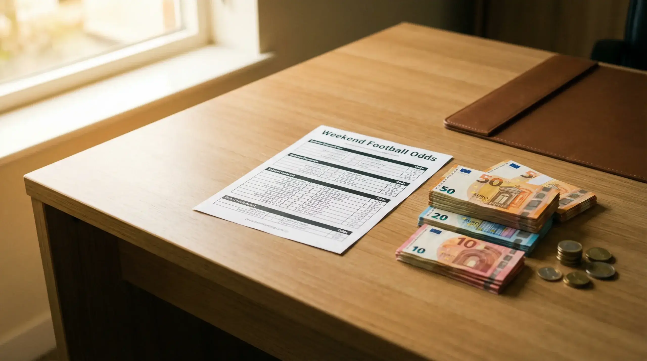 Notas e moedas de euro sobre uma secretária junto a um boletim de apostas desportivas em Portugal