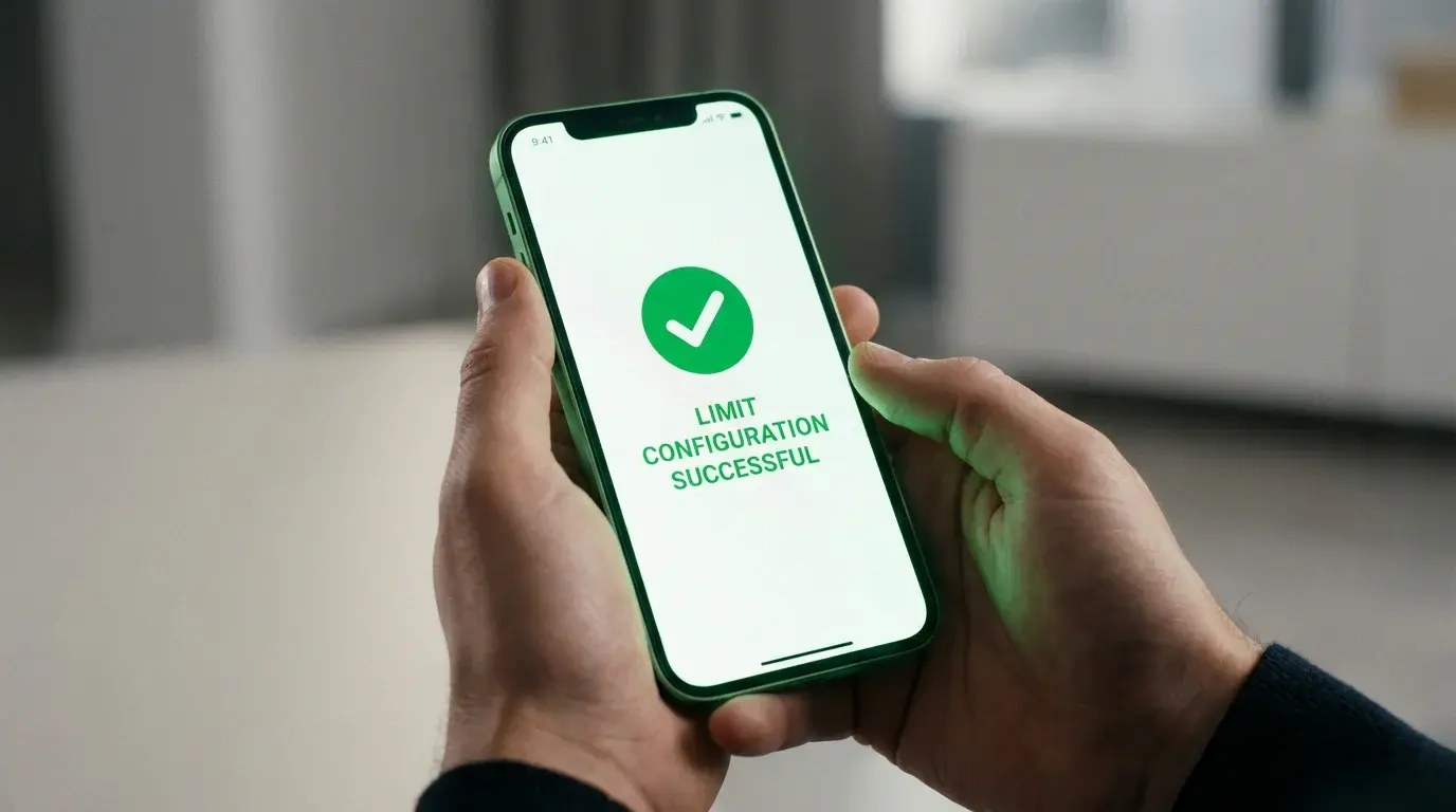 Mãos a configurar limites de aposta num telemóvel com ecrã verde de confirmação