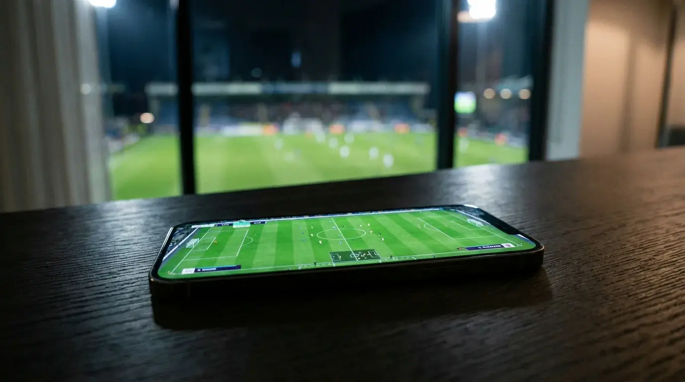 Telemóvel a transmitir um jogo de futebol em direto sobre uma mesa junto a um relvado