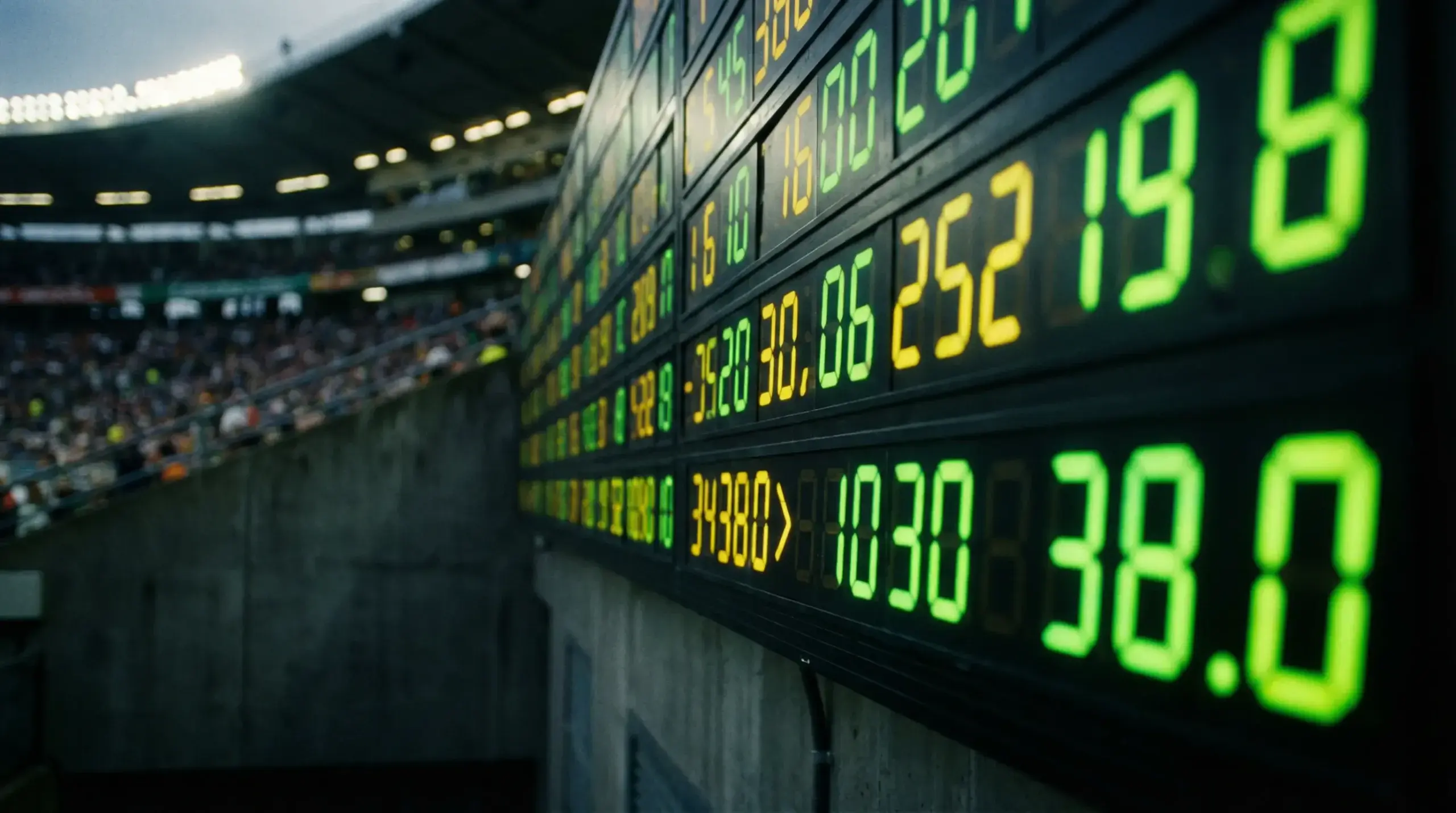 Painel eletrónico de odds num estádio de futebol com números iluminados