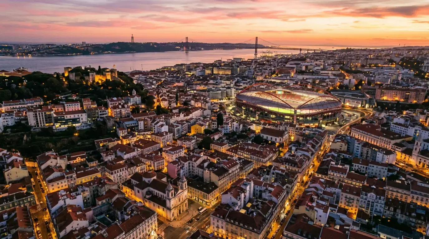 Panorâmica de Lisboa ao entardecer com estádio de futebol iluminado em primeiro plano