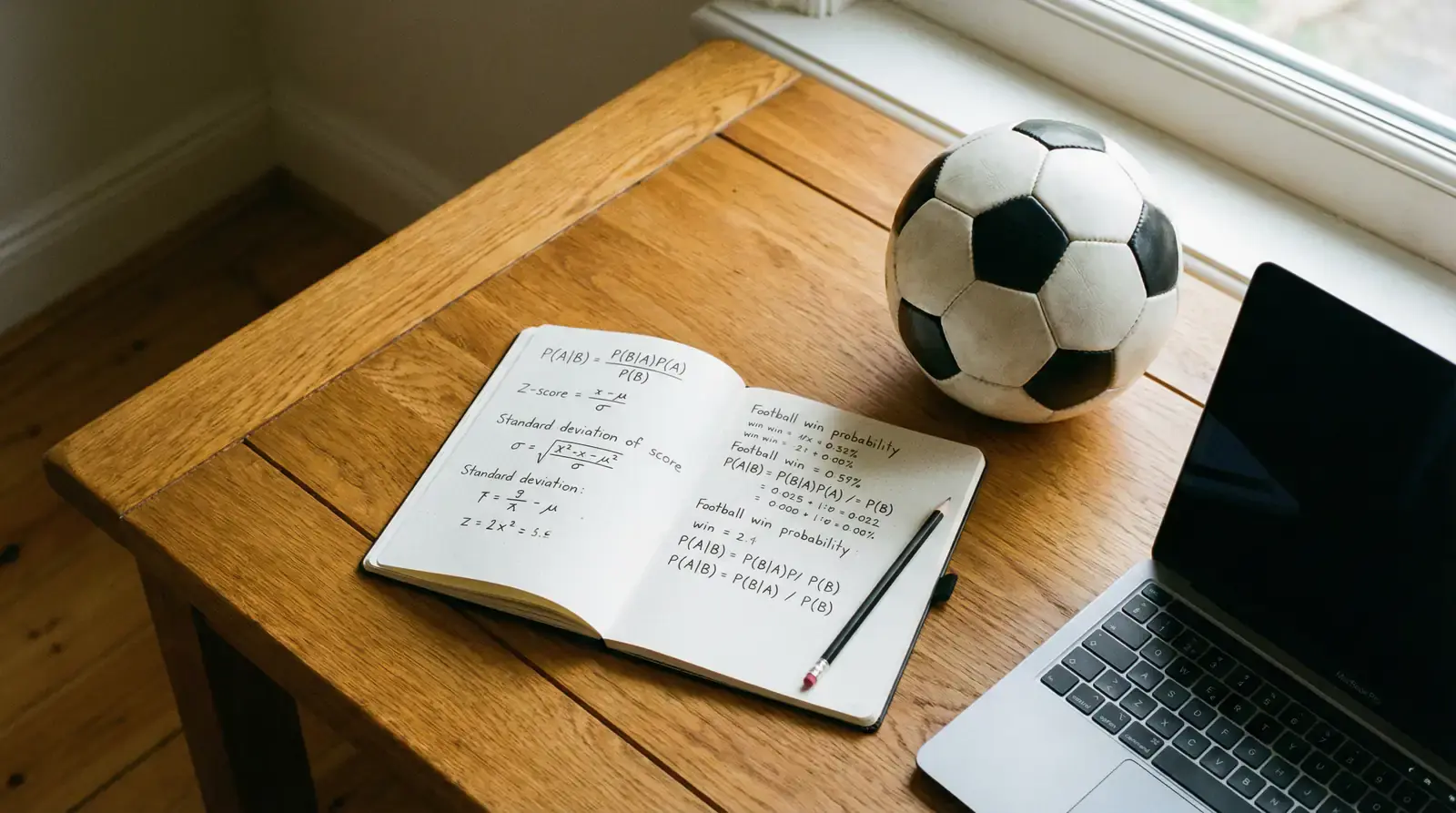 Caderno com cálculos estatísticos é uma bola de futebol sobre uma secretária de madeira