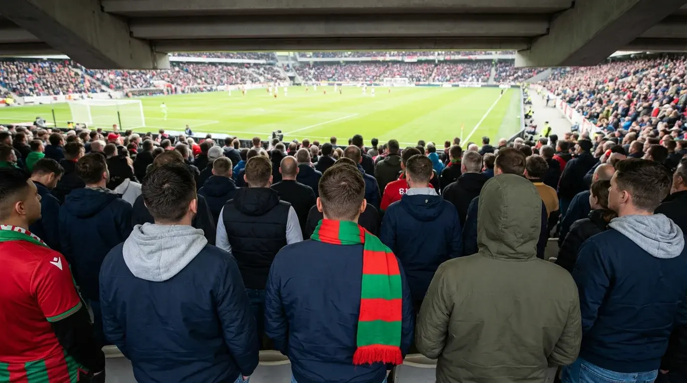 Adeptos portugueses numa bancada de estádio de futebol a assistir a um jogo