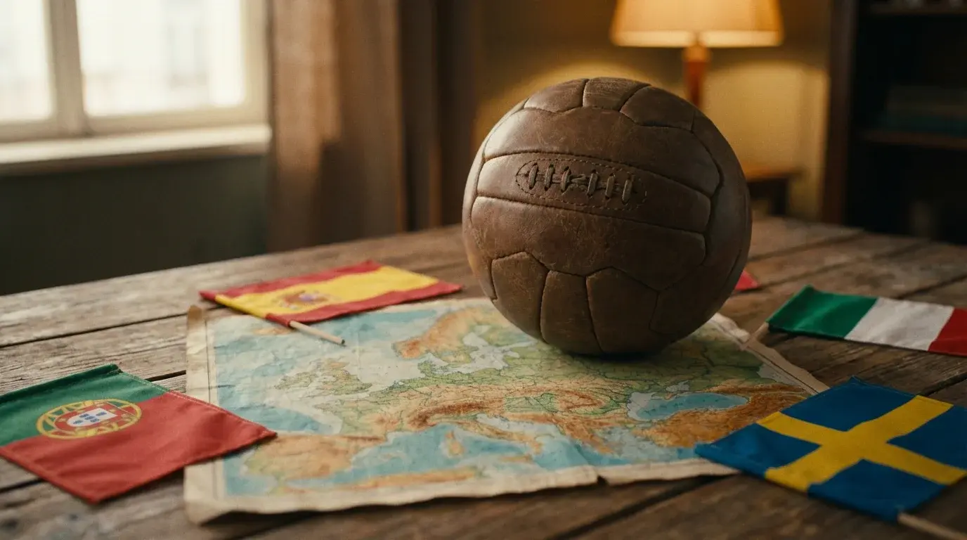 Bola de futebol sobre um mapa da Europa com bandeiras de Portugal e outros países