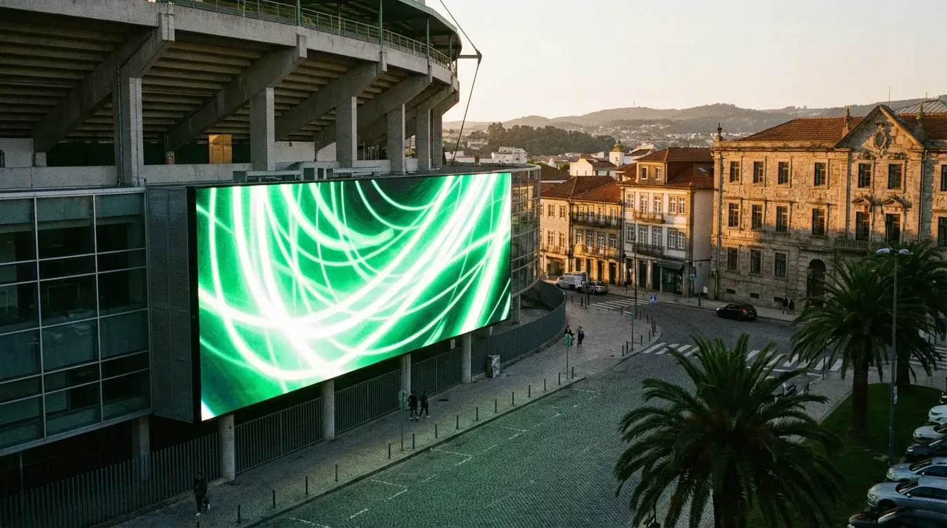 Painel publicitário luminoso junto a um estádio de futebol em Portugal ao entardecer