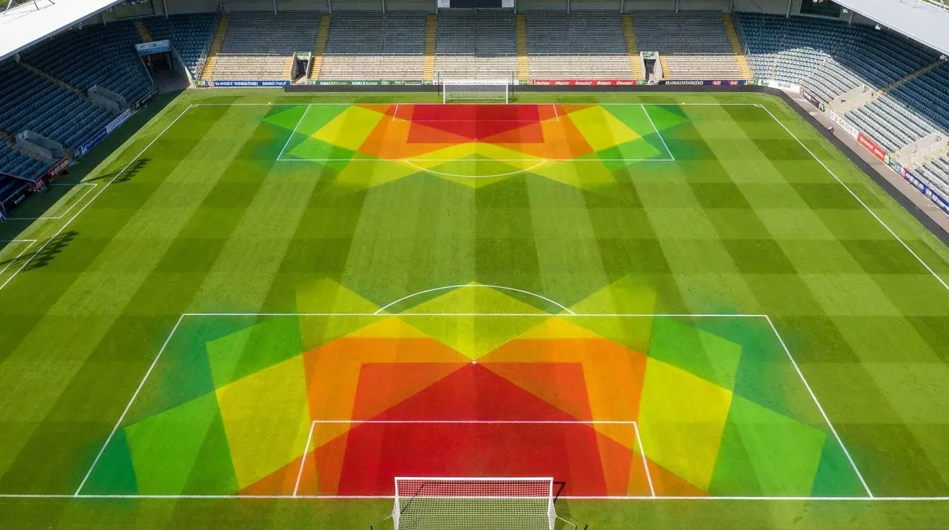 Campo de futebol visto de cima com zonas de remate coloridas representando dados de expected goals